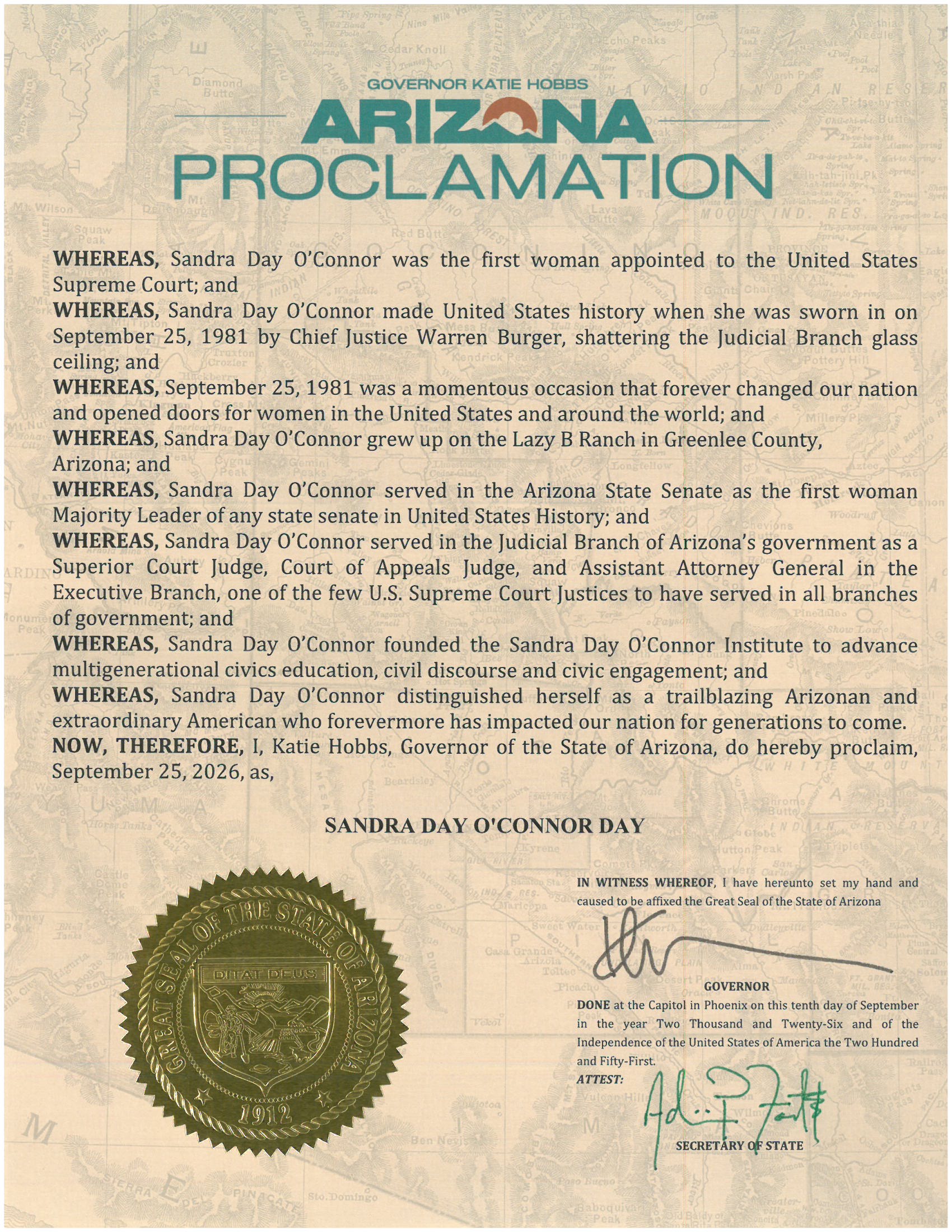 Arizona proclamation document with gold seal and turquoise header declaring September 25, 2026, as Sandra Day O’Connor Day, honoring her achievements and contributions to the state and nation, signed by the governor and secretary of state.